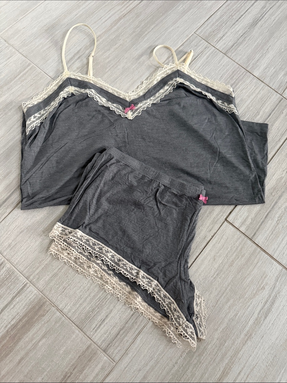 modal‎ fabric Lace Trim Charcoal tank & Shorts Sleep Set soft stretchy Large